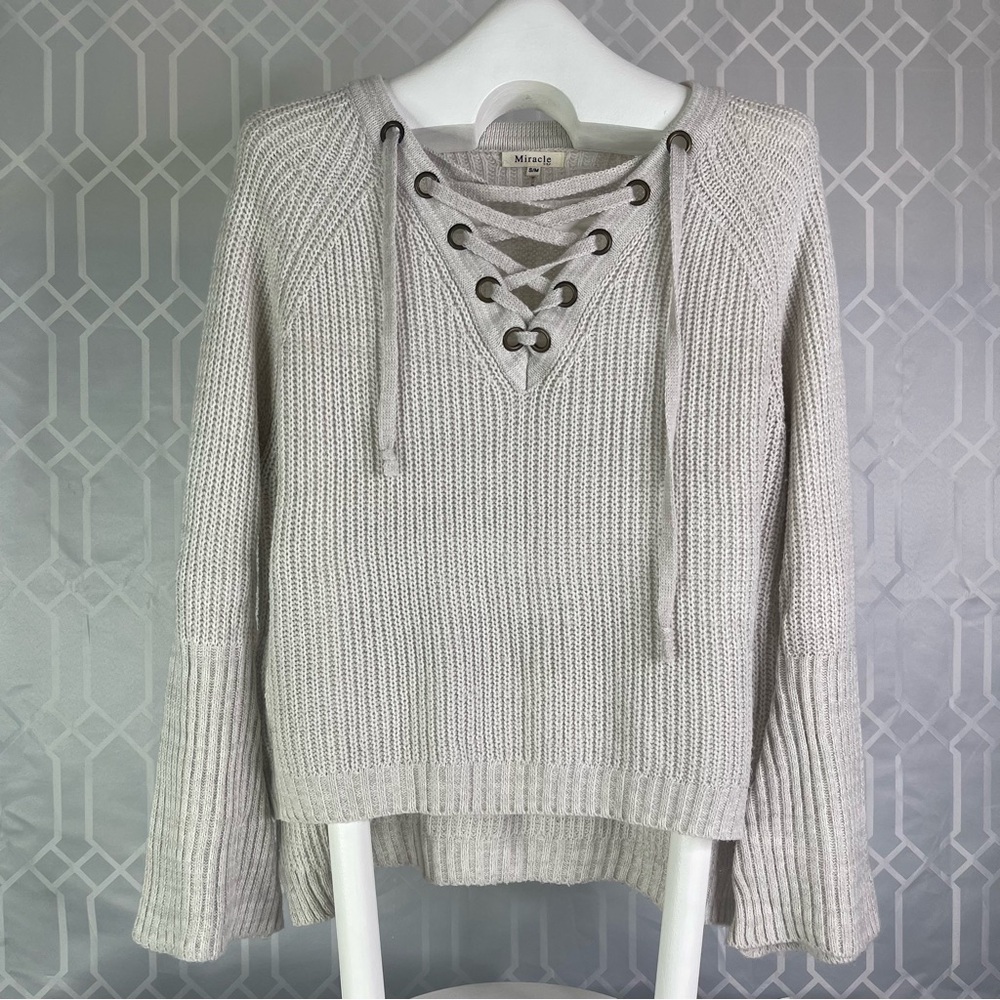 Miracle Lace-Up Bell Sleeve Pullover Sweater Oatmeal Creamy White S/M